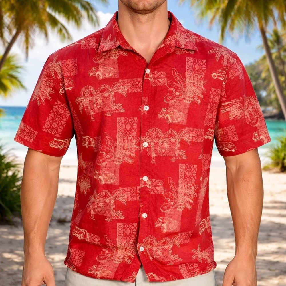 Paradise Island Hawaiian Aloha Shirt 2XL Tribal Symbols Cars Palms Floral Red